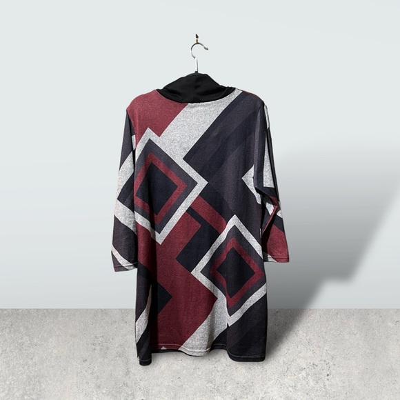 Funsport Black/Burgundy/Grey Geometric Print Cowl Neck Knit Tunic Top - Picture 11 of 11